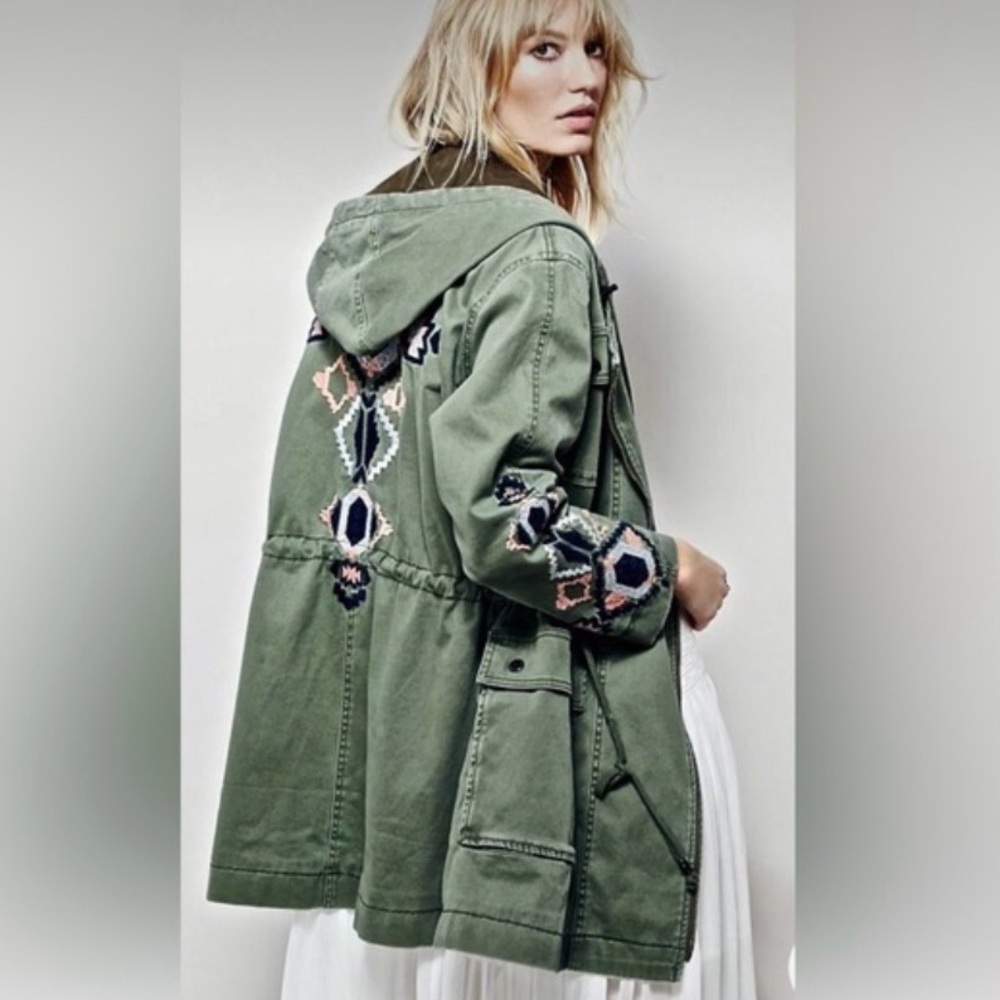 Free People Embroidered Army Green Hooded Tribal Embroidered Twill Parka Large - Picture 3 of 12